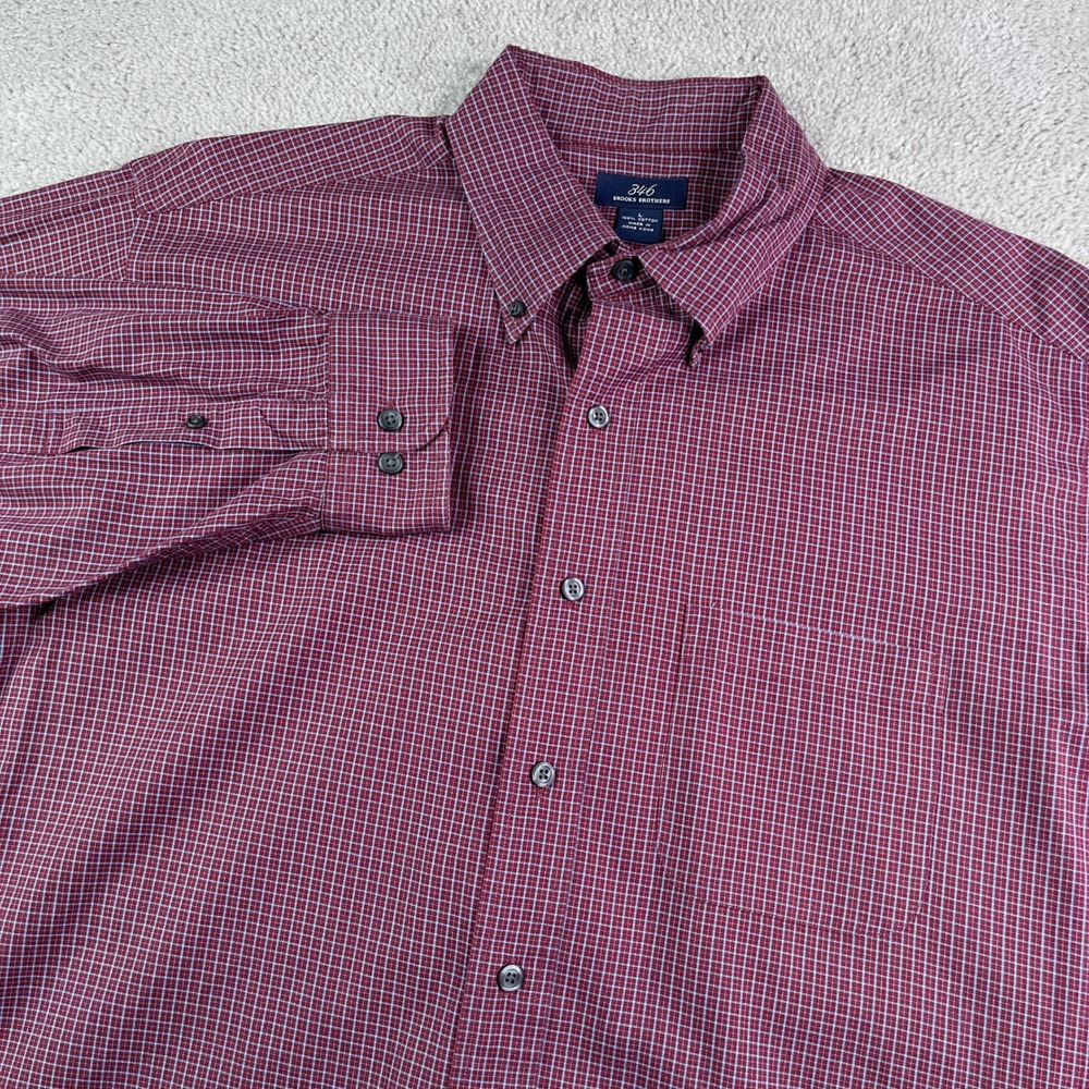 Brooks Brothers Shirt Mens Large Burgundy Plaid 346 Button Down Cotton Preppy